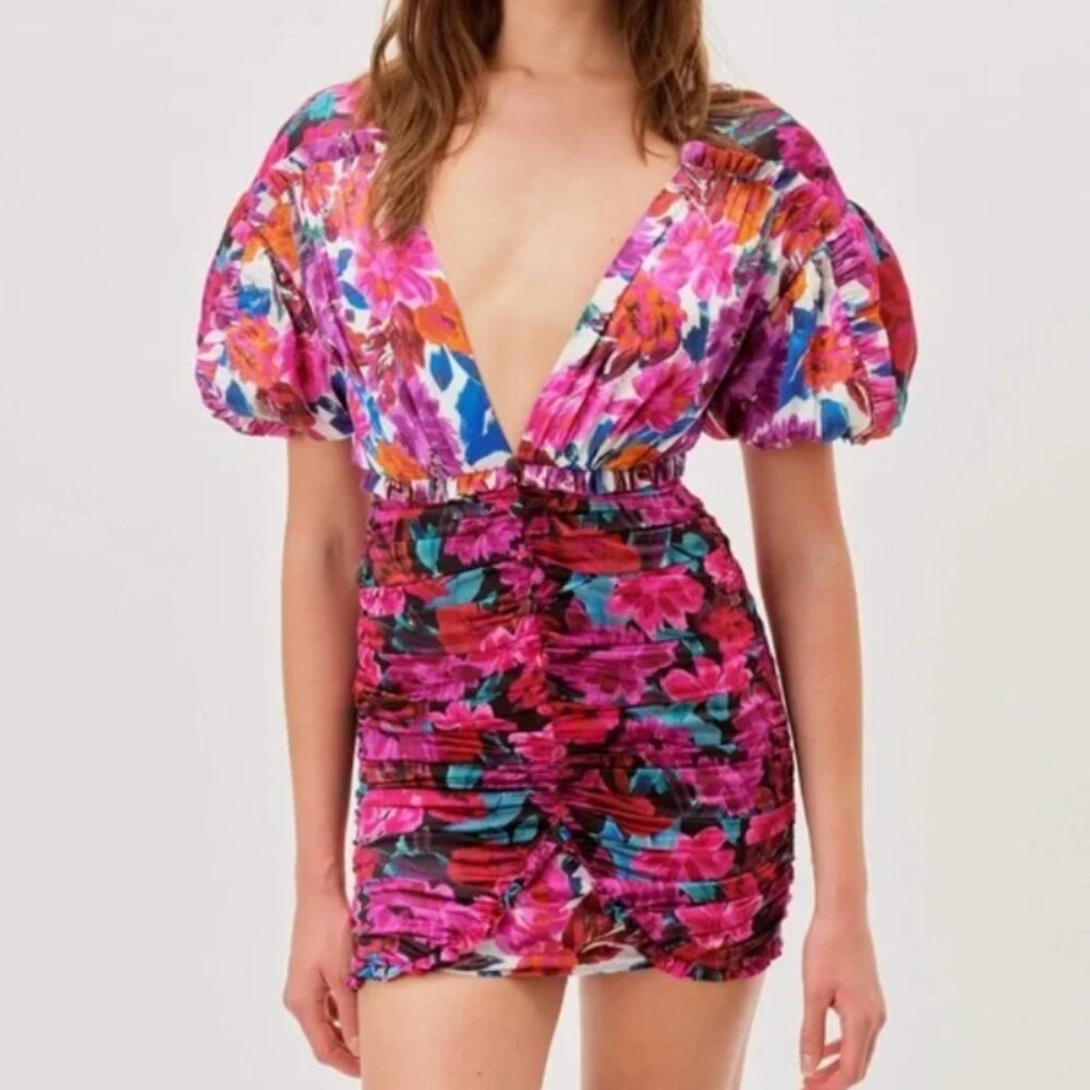 For Love And Lemons Cassandra V-Deck Floral Mini Dress